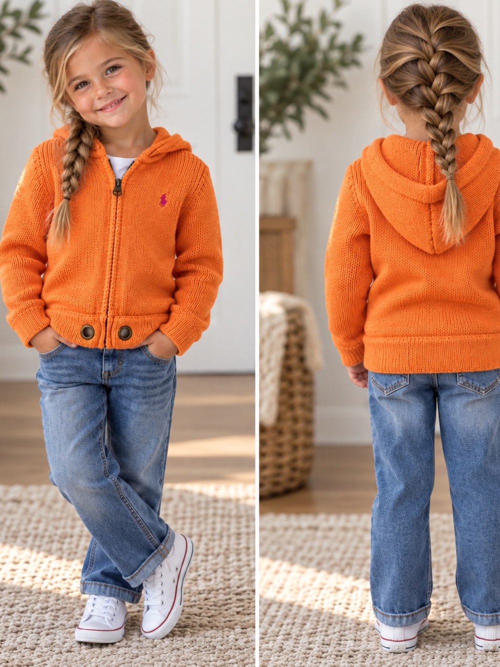 Ralph Lauren Kids Girls' Orange Peach Knit Zip Sweater - Size 5